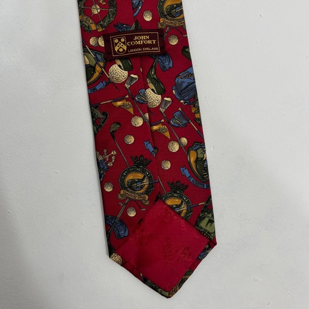 Vintage John Comfort Silk Tie Red Golf Theme Made in England 3.5"x57" - Picture 4 of 7